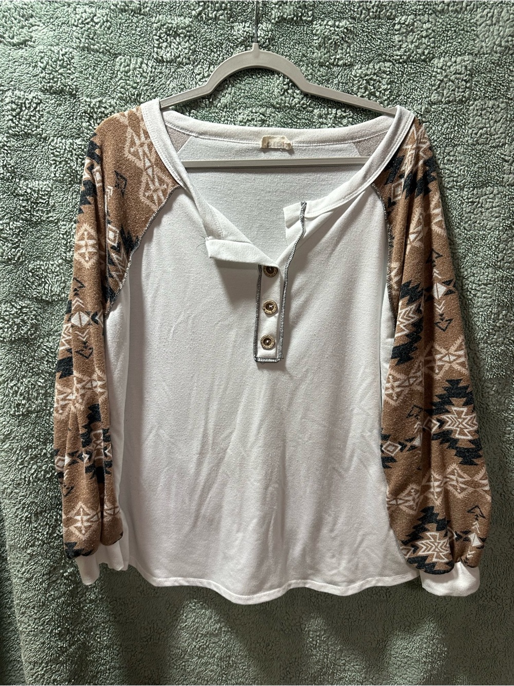 BiBi White Henley Top with Tan Aztec Sleeves